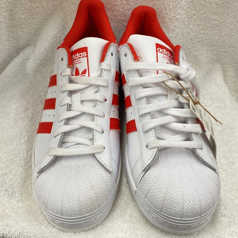 NWT Adidas Superstar Shoes Originals Sneakers Cloud White and Vivid Red - Size 9 - Picture 2 of 10
